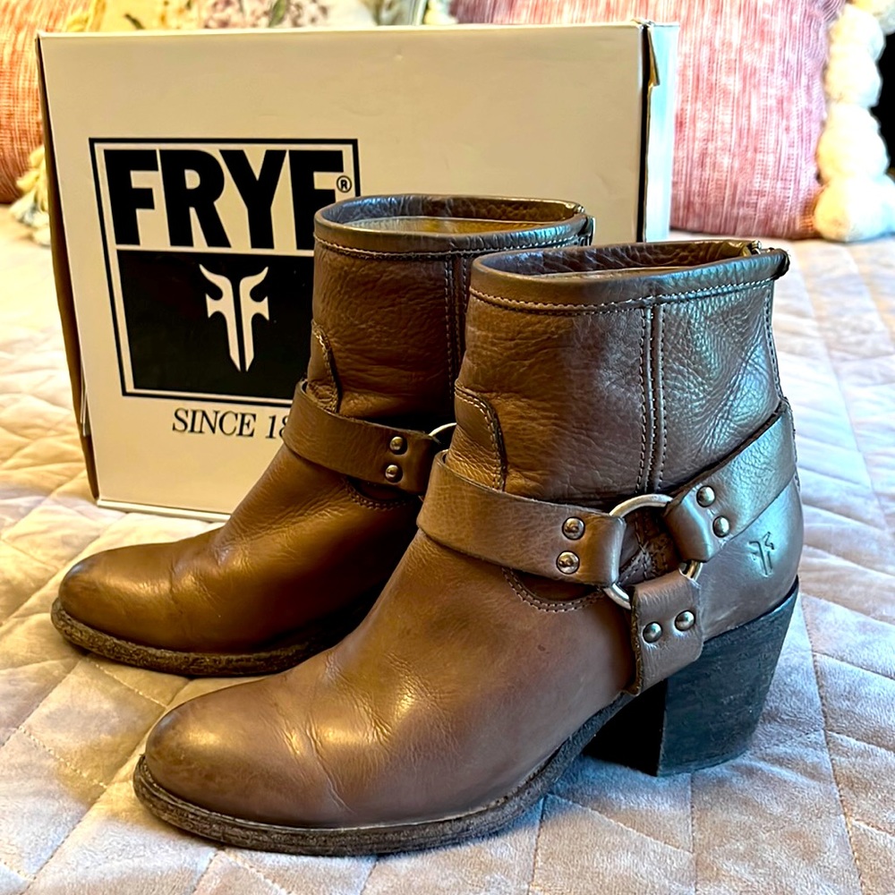 Frye Brown Ankle Boots with Distressed Leather and Buckle Detail